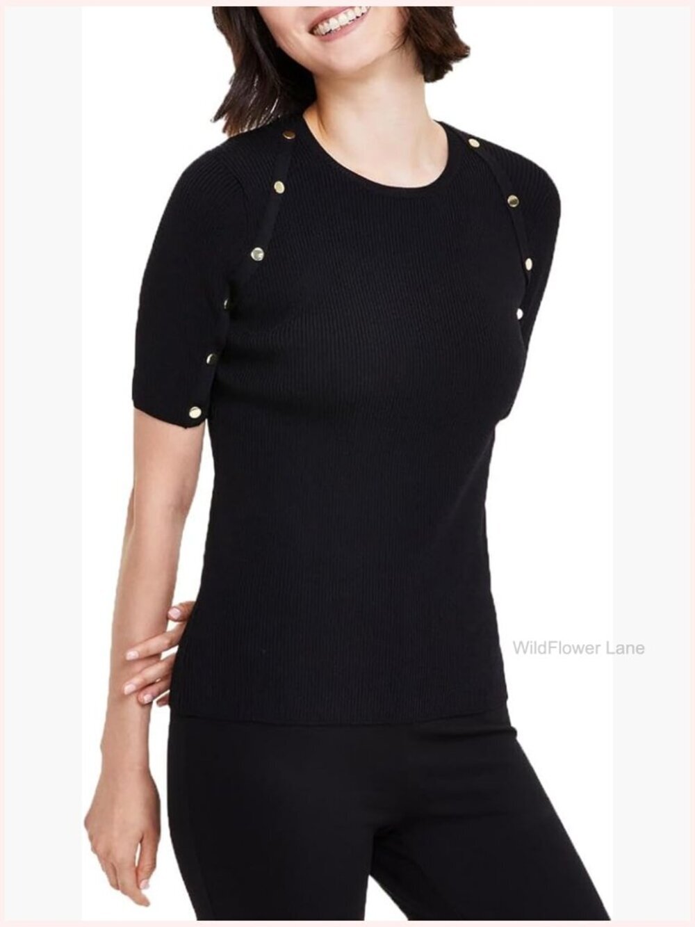 Crew Neck Flatback Rib Button Sleeve Pullover Sweater
